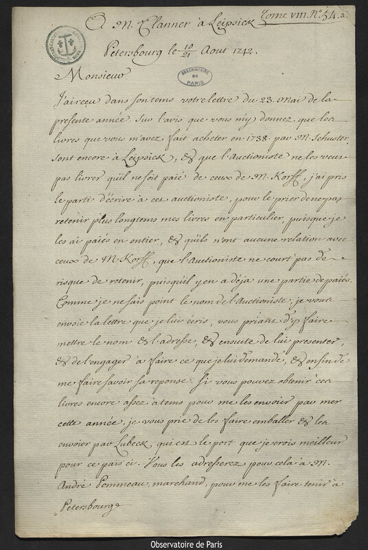 Lettre de Joseph-Nicolas Delisle à Gottlieb Clanner, Saint-Pétersbourg, 21 août 1742