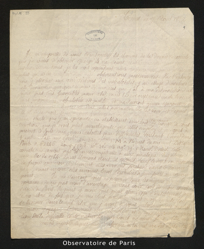 Lettre de Benj. Valz à François Arago, Nîmes le 7 août 1832