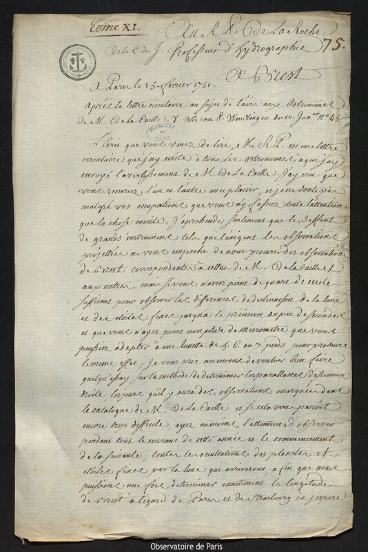 Lettre de Joseph-Nicolas Delisle à Père La Roche, professeur d'hydrographie, Paris, 15 février 1751