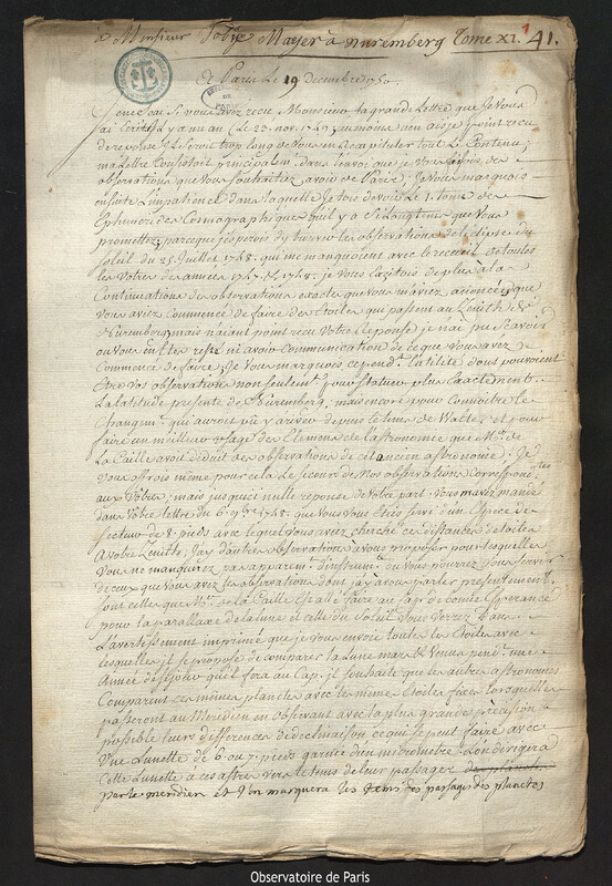 Lettre de Joseph-Nicolas Delisle à Johann Tobias Mayer, Paris, 19 décembre 1750