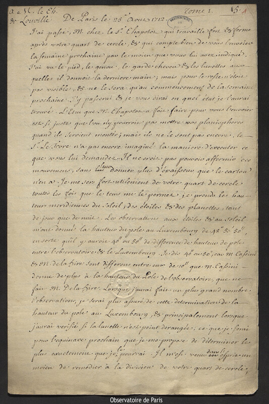 Lettre de Joseph-Nicolas Delisle à Jacques d'Allonville de Louville, Paris, 25 août 1712