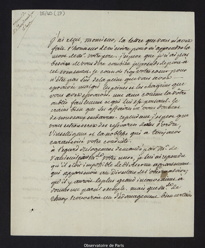 Lettre de Charles de la Billarderie, comte d'Angiviller, à Cassini IV, à Versailles le 11 septembre 1784