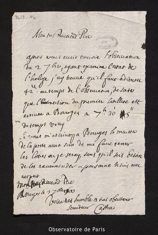 Lettre de Cassini I à Mon très révérend Père, Bourges le 3 septembre 1700