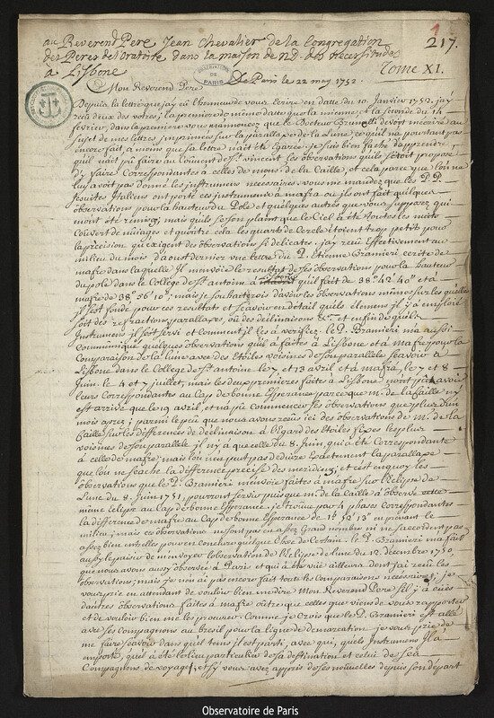 Lettre de Joseph-Nicolas Delisle à Jean Chevalier,Paris, 22 mai 1752