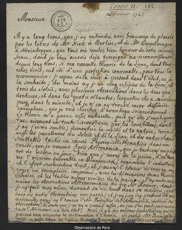 Lettre de Peder Horrebow à Joseph-Nicolas Delisle, Copenhague, 12 février 1725