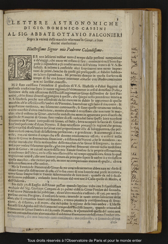 Lettere astronomiche di Gio. Domenico Cassini al sig. abbate Ottavio Falconieri sopra la varietà delle macchie osservate in Giove, e loro diurne rivoluzioni