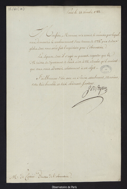 Lettre de Monsieur Goyard à Cassini IV, à Paris le 28 décembre 1782