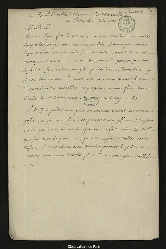 Lettre de Joseph-Nicolas Delisle à Louis Feuillée, Paris, 23 juin 1720