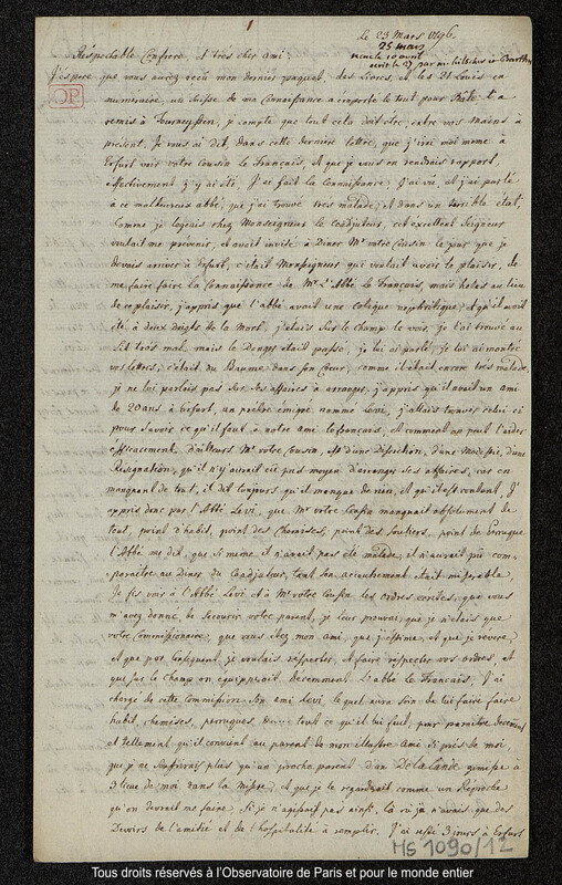 Lettre du baron Franz Xaver von Zach à Joseph Jérôme Le françois de Lalande [Gotha], 23 mars 1796