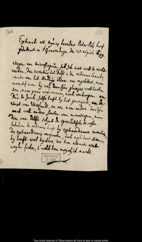 Texte manuscrit de Pieter Pels, La Haye, 25 août 1679