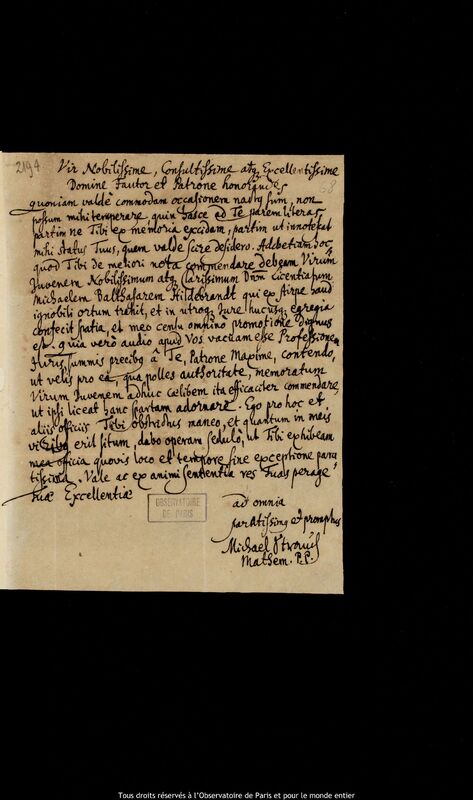 Lettre de Michael Strauch à Jan Heweliusz, 1682