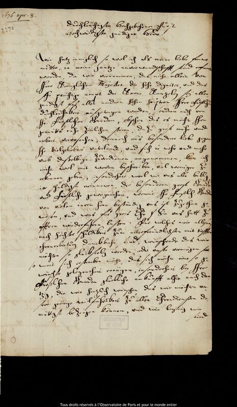 Lettre de Florentina Koopman à Jan III Sobieski, Gdansk, 8 avril 1676