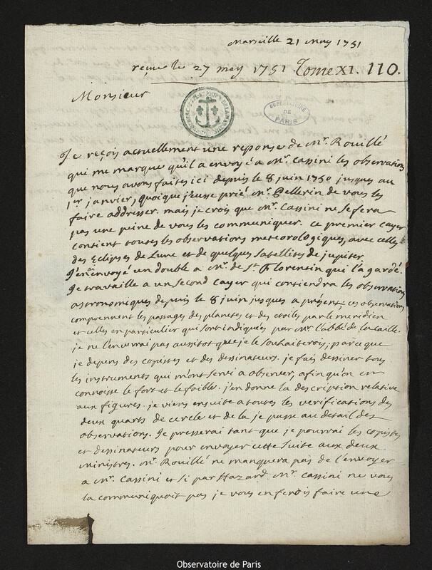 Lettre de Esprit Pezenas à Joseph-Nicolas Delisle, Marseille, 21 mai 1751