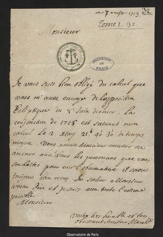 Lettre de Jacques Philippe Maraldi à Joseph-Nicolas Delisle, Paris, 7 août 1713