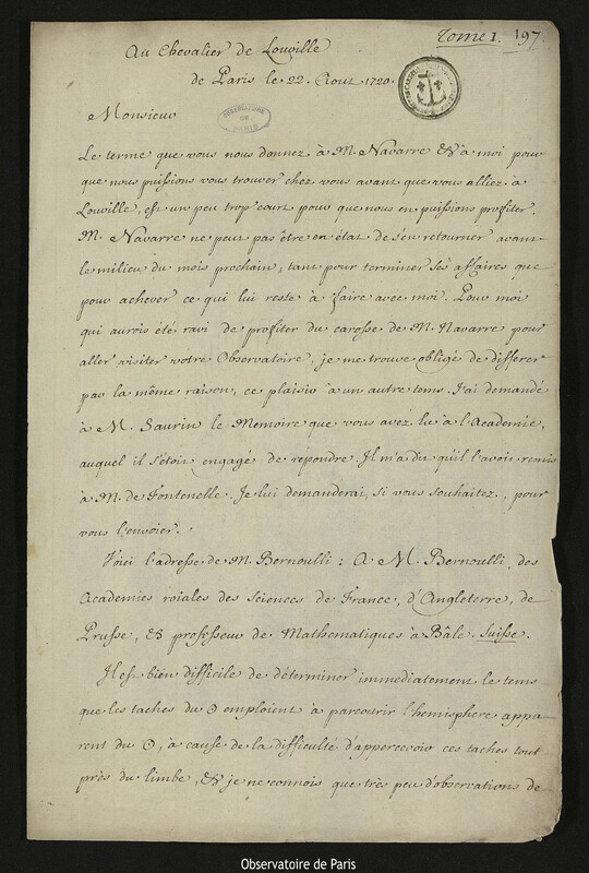 Lettre de Joseph-Nicolas Delisle à Jacques d'Allonville de Louville, Paris, 22 août 1720