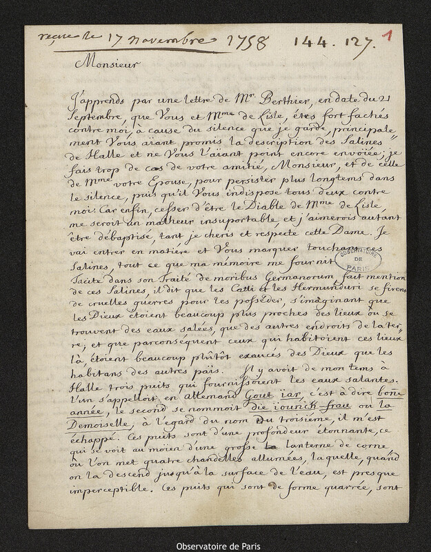 Lettre de Pierre Louis Le Roy et De Chitroff à Joseph-Nicolas Delisle, Genève, 24 octobre 1758