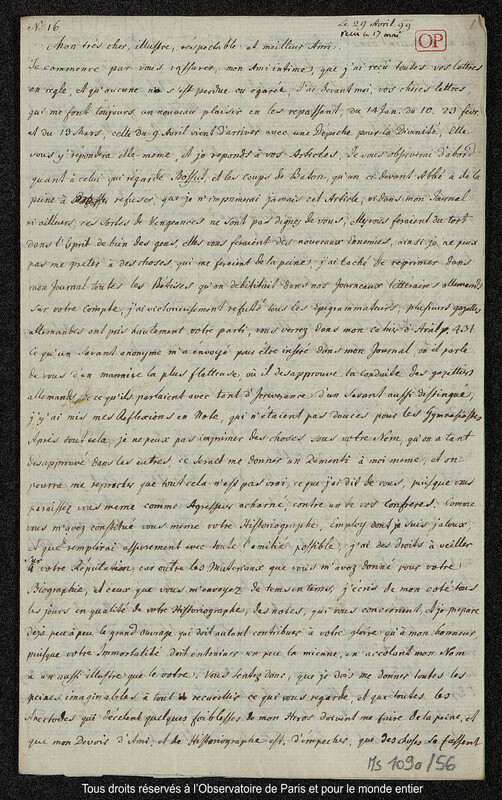 Lettre du baron Franz Xaver von Zach à Joseph Jérôme Le françois de Lalande [Gotha], 29 avril 1799