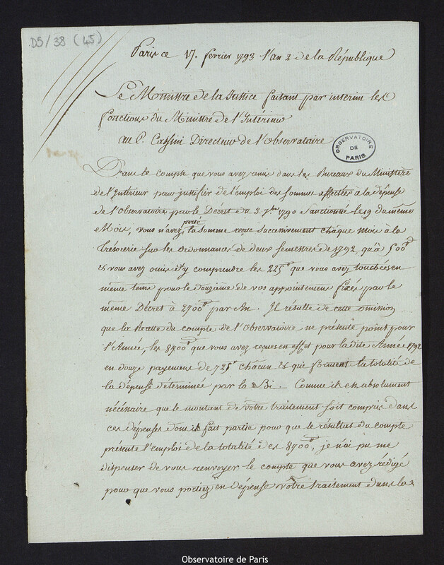 Lettre du Ministre Garat à Cassini IV, à Paris le 17 février 1793