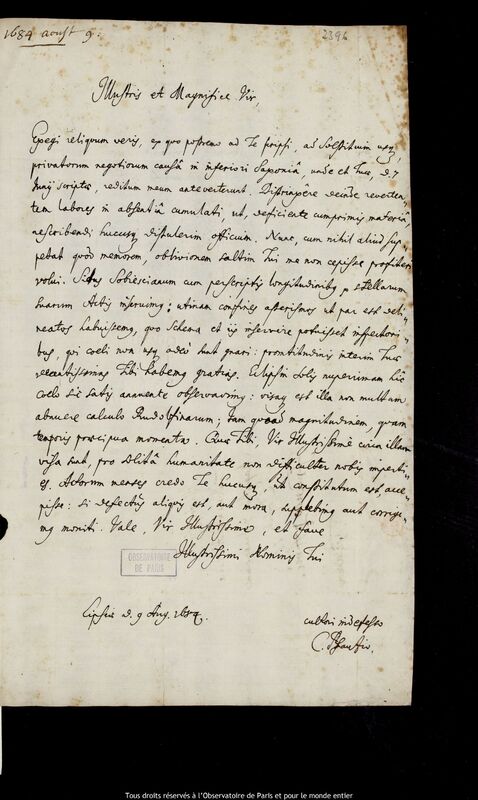 Lettre de Christoph Pfautz à Jan Heweliusz, Leipzig, 9 août 1684