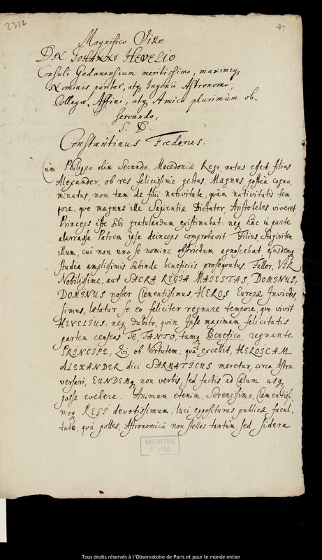 Lettre de Constantin Freder à Jan Heweliusz, Gdansk, 29 mars 1684