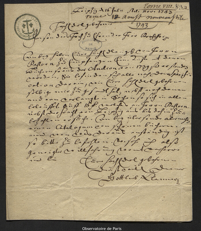 Lettre de Gottlieb Clanner à Joseph-Nicolas Delisle, Leipzig, 16 juillet 1743