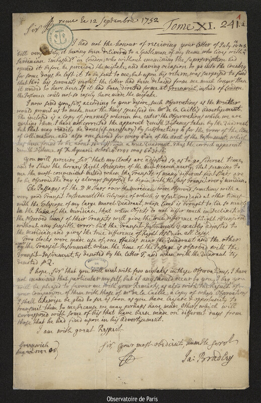 Lettre de James Bradley à Joseph-Nicolas Delisle, Greenwich, 22 août 1752