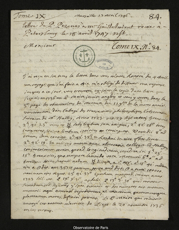 Lettre de Esprit Pezenas à Pierre-François de Guilleminet, Marseille, 17 avril 1746