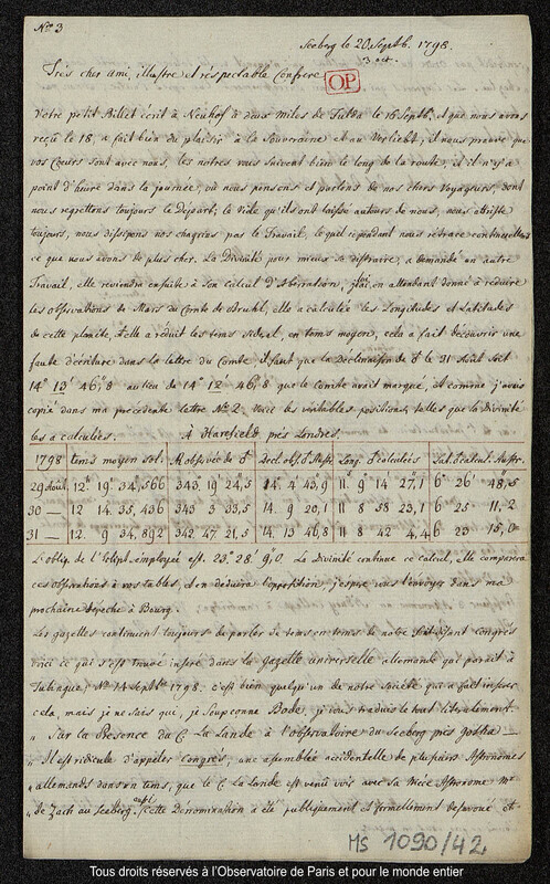 Lettre du baron Franz Xaver von Zach à Joseph Jérôme Le françois de Lalande [Gotha],20 septembre 1798