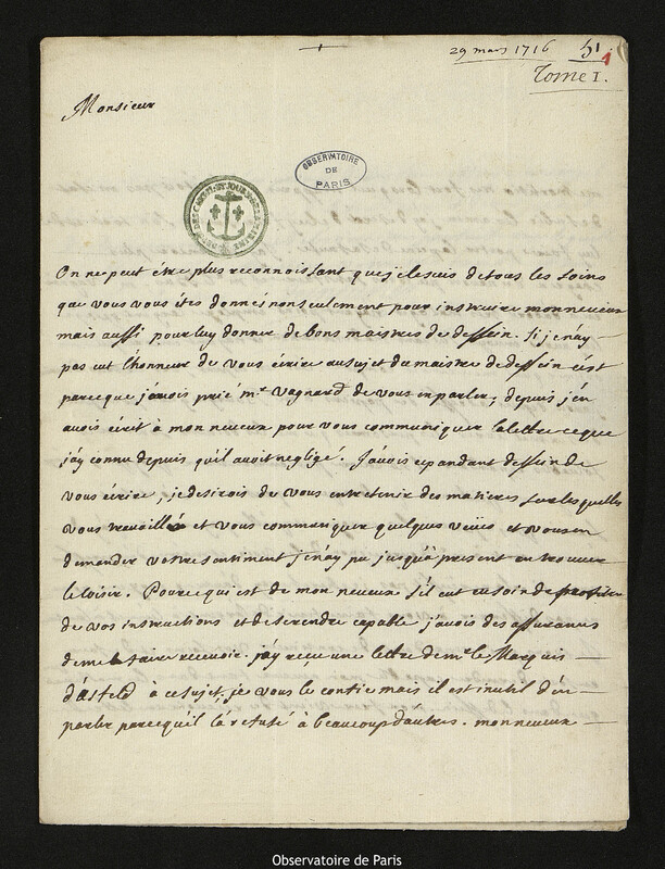 Lettre de Charles Teinturier à Joseph-Nicolas Delisle, Verdun, 29 mars 1716