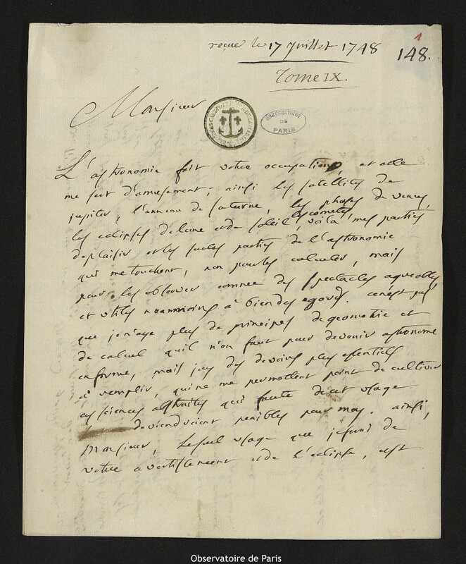 Lettre de Claude-Nicolas Le Cat à Joseph-Nicolas Delisle, Rouen, 15 juillet 1748