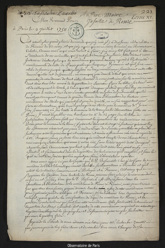 Lettre de Joseph-Nicolas Delisle à Christopher Maire, Paris, 2 juillet 1752