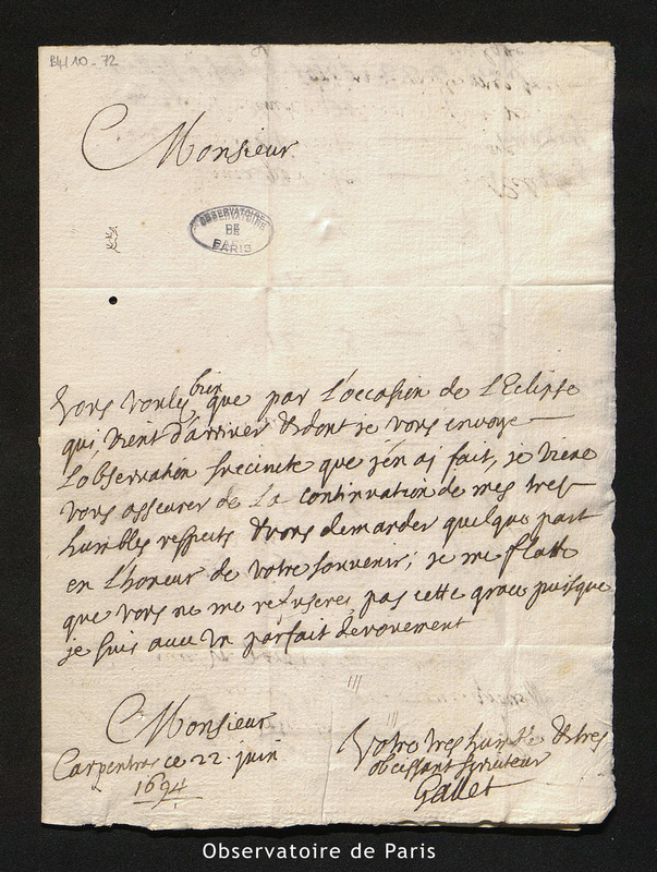 Lettre de Gallet à Cassini I, Avignon le 22 juin 1694