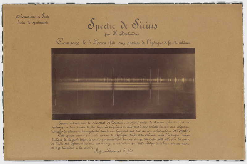 Spectre de Sirius par H.Deslandres comparé le 3 mars 1891 aux spectres de l'hydrogène du fer et du calcium […] Observatoire de Paris, service de spectroscopie (titre original)