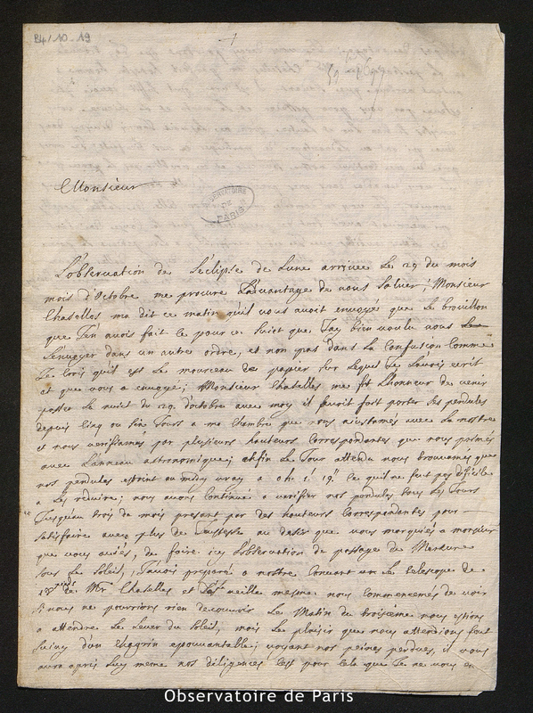 Lettre de Feuillée à Cassini I, Marseille le 5 novembre 1697