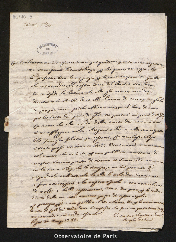 Lettre de Fabroni à Cassini IV, Pise le 21 mars 1788