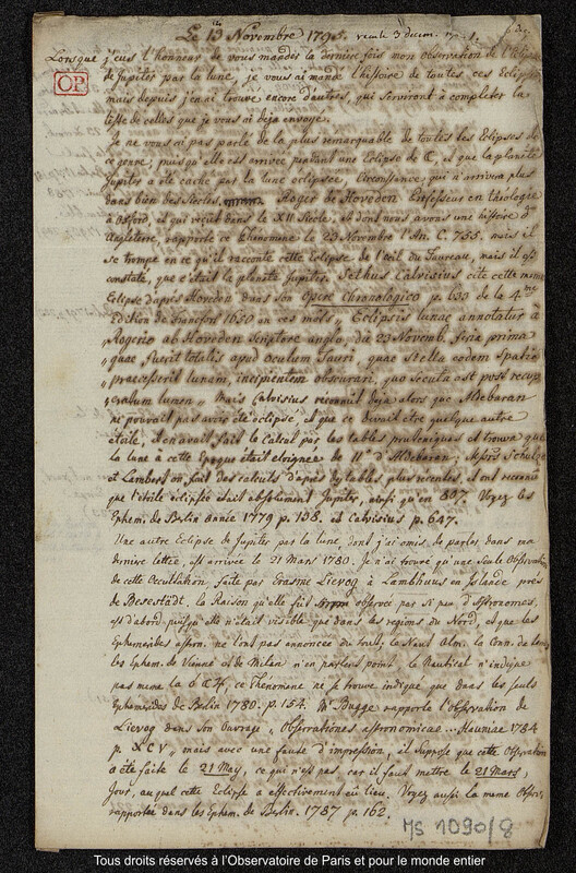 Lettre du baron Franz Xaver von Zach à Joseph Jérôme Le françois de Lalande [Gotha], 13/14 novembre 1795