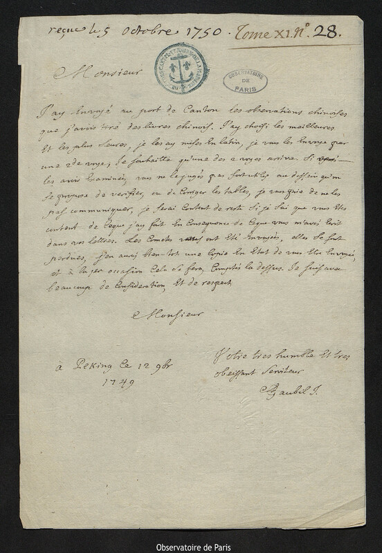 Lettre de Antoine Gaubil à Joseph-Nicolas Delisle, Pékin, 12 novembre 1749