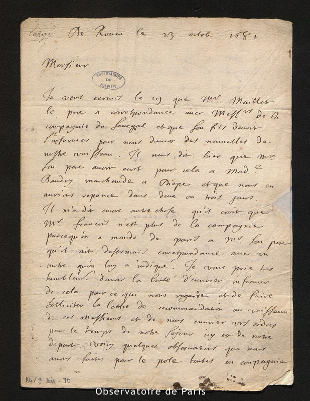 Lettre de Deshayes à Cassini I, Rouen le 23 octobre 1681