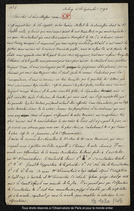 Lettre du baron Franz Xaver von Zach à Joseph Jérôme Le françois de Lalande Seeberg, 26 septembre 1798