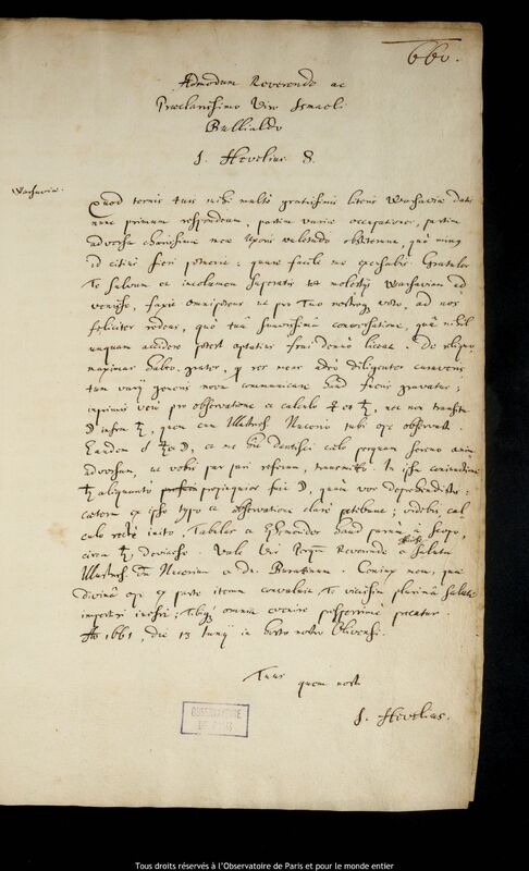 Lettre de Jan Heweliusz à Ismaël Boulliau, Gdansk, 13 juin 1661