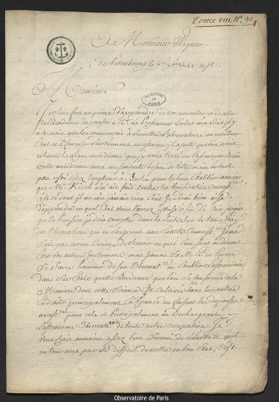 Lettre de Joseph-Nicolas Delisle à Johann Wilhelm Wagner, Saint-Pétersbourg, 7 septembre 1743