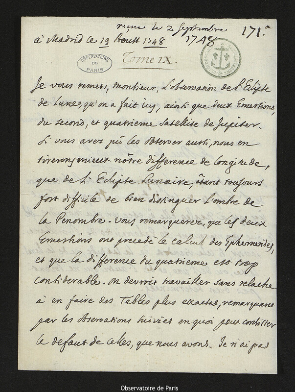 Lettre de Francesco Gonzaga, duc de Solférino à Joseph-Nicolas Delisle, Madrid, 19 août 1748