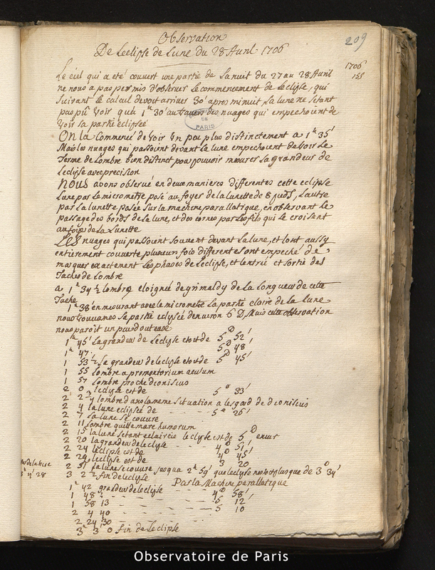 CASSINI I et MARALDI I. Observations de l'éclipse de Lune du 28 avril 1706