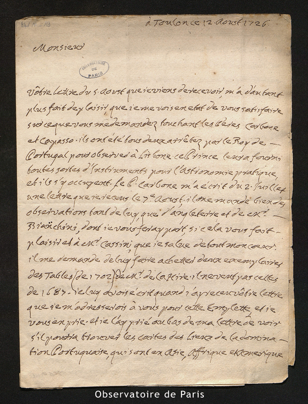 Lettre de Laval à Maraldi, Toulon le 12 août 1726