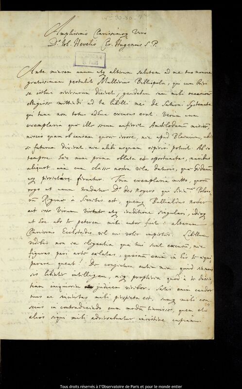 Lettre de Christiann Huygens à Jan Heweliusz, La Haye, 17 octobre 1659