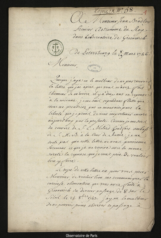 Lettre de Joseph-Nicolas Delisle à James Bradley, Saint-Pétersbourg, 19 mars 1746