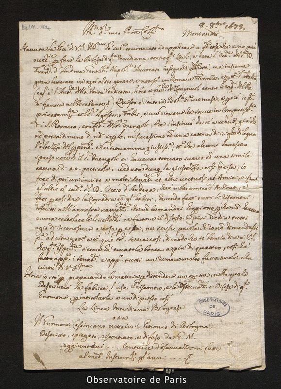 Lettre de Montanari à Cassini I, Bologne le 8 février 1673