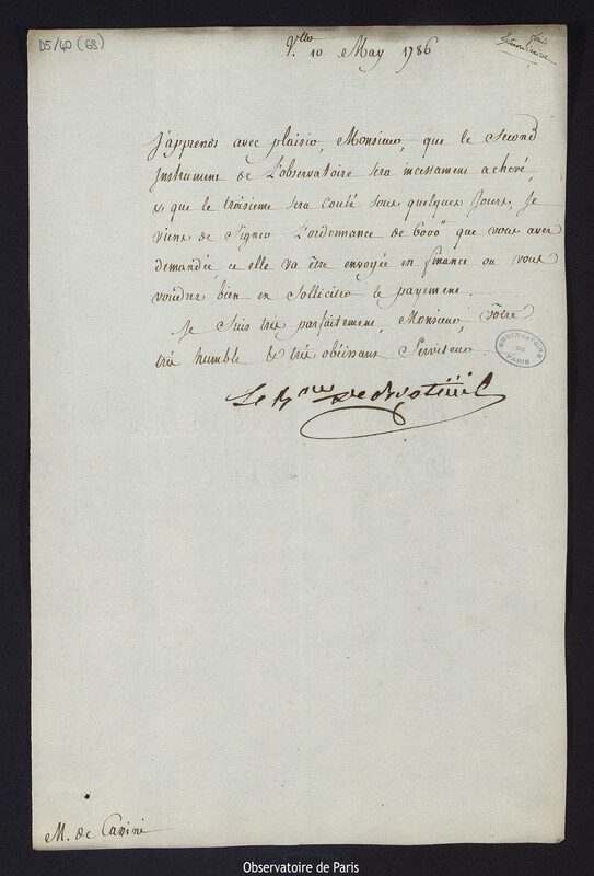 Lettre de Louis Le Tonnelier, baron de Breteuil, à Cassini IV, directeur de l'Observatoire, le 10 mai 1786