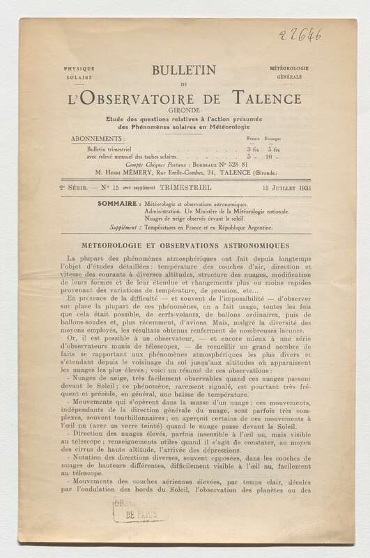 (1931) Bulletin de l'Observatoire de Talence, 2e série