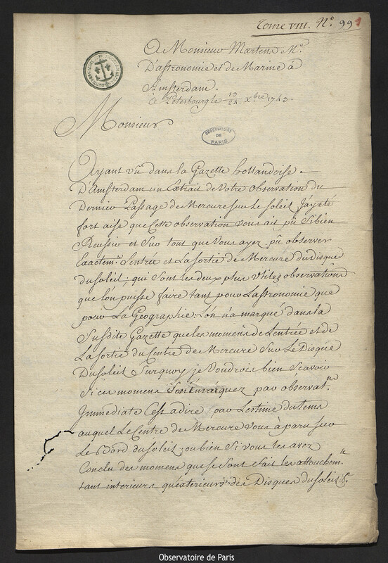 Lettre de Joseph-Nicolas Delisle à Martens, Saint-Pétersbourg,24 décembre 1743